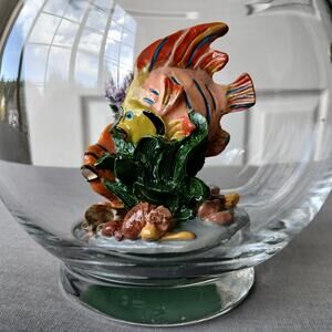 Vintage Fish Bowl Decor glass vase and ceramic figurine MCM 5" faux aquarium
